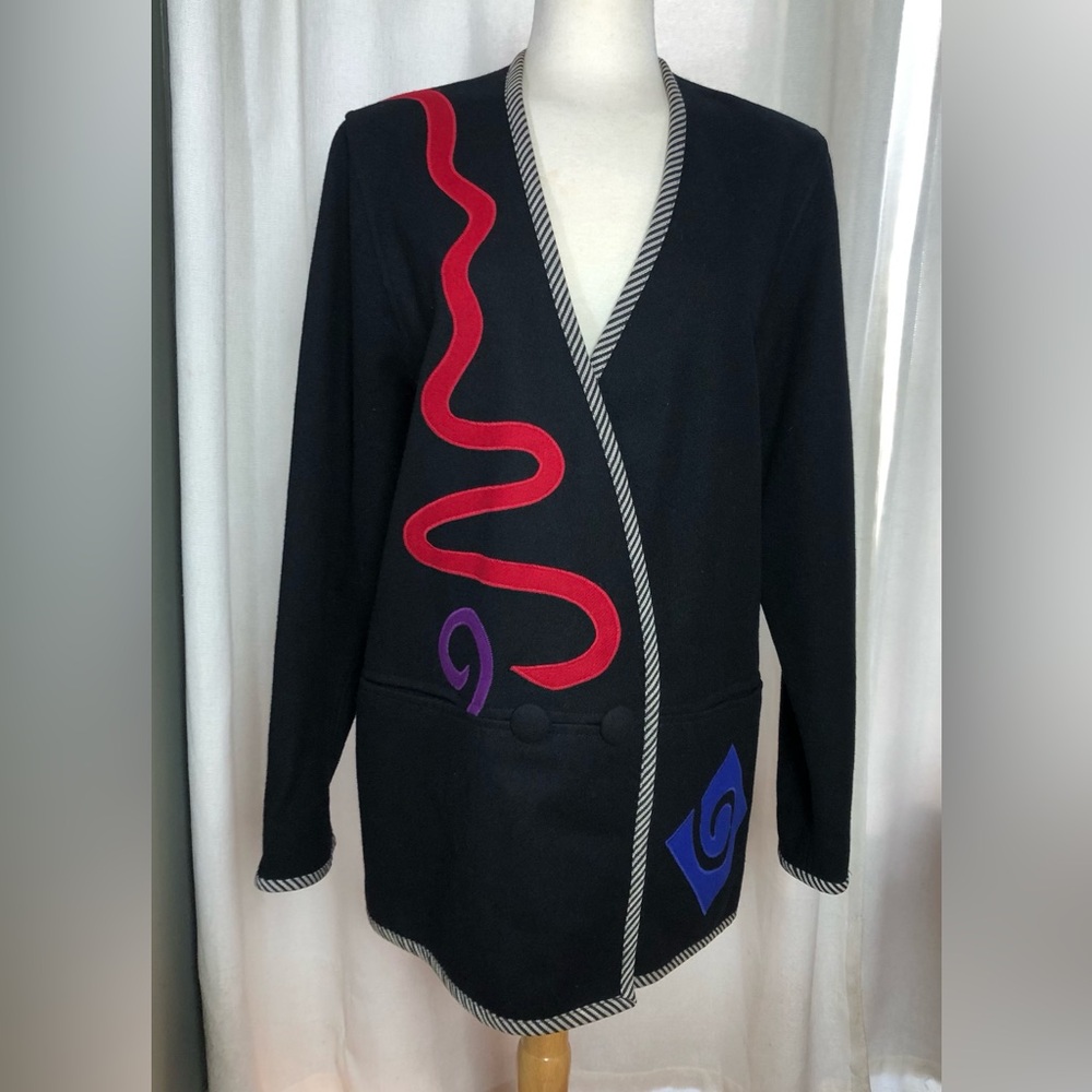Beppa 100% Wool Black Graphic Jacket Abstract Art 80s 90s Retro GeoMetric Small